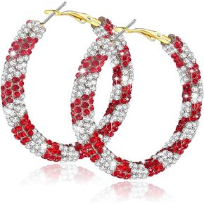 MUYUU Candy Cane Hoop Earrings, Christmas Hoop Earrings For Women Sparkly Red Crystal Earrings Christmas Jewelry