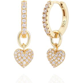 925 Sterling Silver Detachable Heart Charm Cubic Zirconia Hoop Earrings