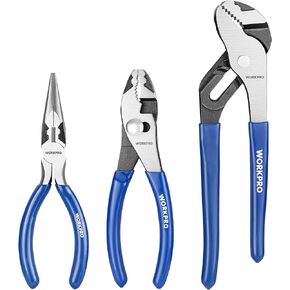 WORKPRO Pliers Set, 3-Piece Pliers Tool Kit with Soft Handle Includes 6" Needle Nose Plier, 6" Slip Joint Plier, 8" Groove Plier, for Home Repairing, Plumbing, Electronic Devices & Making Crafts