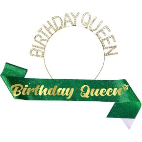 مجموعة وشاح "Birthday Queen" وتاج من حجر الراين، مجموعة مكونة من قطعتين - وشاح عيد ميلاد أخضر وتاج لديكور عيد الميلاد - وشاح رأس لفتاة عيد الميلاد، وشاح عيد ميلاد للنساء، تاج عيد ميلاد (أخضر)