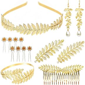 15pcs Greek Goddess Accessories Set Women Gold Leaf Headband Hair Clips Bracelets Earrings Floral Hairpins Elegant Costume Jewelry for Parties Weddings Prom Gifts