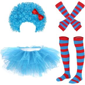 4 Pcs Women Tulle Tutu Costume Accessories Set with Blue Tutus Skirts Wig Striped Thigh High Socks Arm Warmers