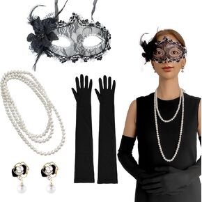1920s Great Gatsby Accessories Flapper Costume for Women Black Long Gloves Long Pearl Necklaces Pearl Dangle Earrings Lace Masquerade Mask for Halloween Dress Up Cosplay Parties