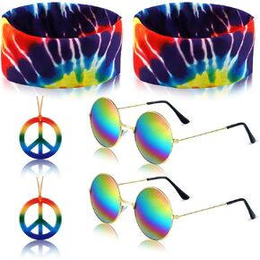 6 Pcs Hippie Accessories Costume 70s Outfits for Women Hippie Headbands for Women Peace Sign Necklace Rainbow Sunglasses