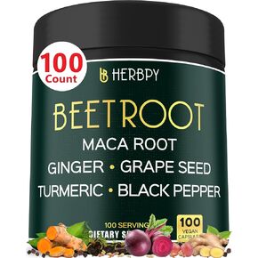 6in1 Beet Root Capsules 7550mg Plus Maca Root, Grape Seed, Ginger, Turmeric and Black Pepper Extract for Physical Activity, Heart Health, Digestion & Immune Support - 100 Count