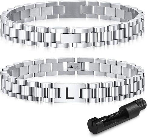 VNOX Initial Bracelet for Men - Stainless Steel Watch Band A-Z Letter Silver Link Bracelets,Fathers Day Gift for Dad Boyfriend Teen Boy Women Mens Jewelry,Birthday Valentines Day Gifts for Him in Kuwait