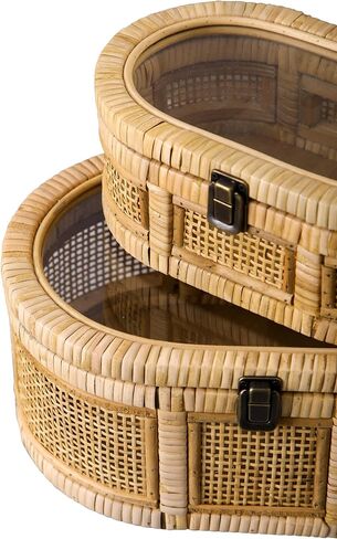 SOFE Oval Rattan Boxes with Glass Lid Set of 2, Farmhouse Stacking Decorative Boxes for Home Decor Organizers, Handwoven Boho Storage Bins, Thanksgiving, Christmas, Housewarming Gifts in Kuwait