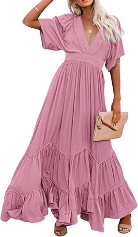 CHARTOU Women's Boho Ruffle Sleeve Flowy Maxi Dress Lace Up Back Tiered Party A Line Dress in Kuwait