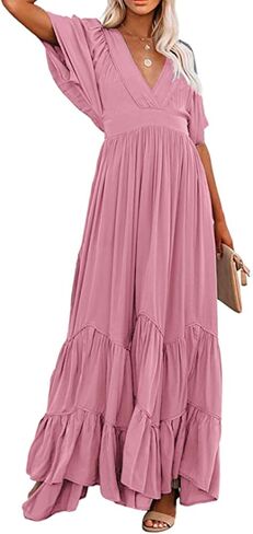CHARTOU Women's Boho Ruffle Sleeve Flowy Maxi Dress Lace Up Back Tiered Party A Line Dress in Kuwait