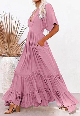 CHARTOU Women's Boho Ruffle Sleeve Flowy Maxi Dress Lace Up Back Tiered Party A Line Dress in Kuwait