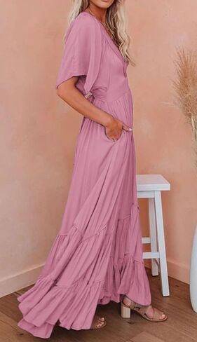 CHARTOU Women's Boho Ruffle Sleeve Flowy Maxi Dress Lace Up Back Tiered Party A Line Dress in Kuwait