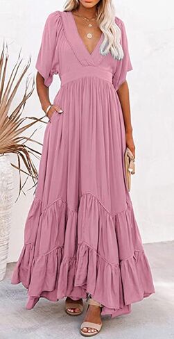 CHARTOU Women's Boho Ruffle Sleeve Flowy Maxi Dress Lace Up Back Tiered Party A Line Dress in Kuwait