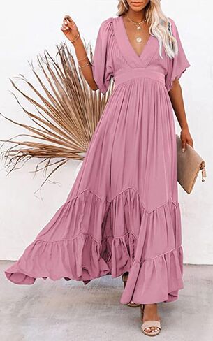 CHARTOU Women's Boho Ruffle Sleeve Flowy Maxi Dress Lace Up Back Tiered Party A Line Dress in Kuwait