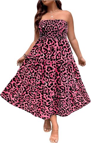 Floerns Women's Plus Size Sleeveless Leopard Print Shirred Tube Ruffle Hem A Line Dress in Saudi Arabia
