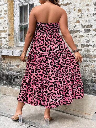 Floerns Women's Plus Size Sleeveless Leopard Print Shirred Tube Ruffle Hem A Line Dress in Saudi Arabia
