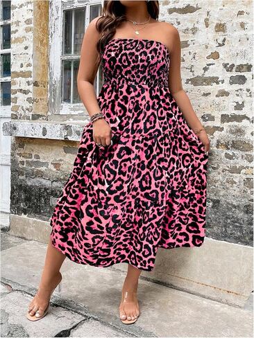 Floerns Women's Plus Size Sleeveless Leopard Print Shirred Tube Ruffle Hem A Line Dress in Saudi Arabia
