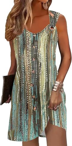 Womens Summer Dresses Scoop Neck O-Ring Shoulder Button Tank Sundress Casual Swing Short Dress in Saudi Arabia