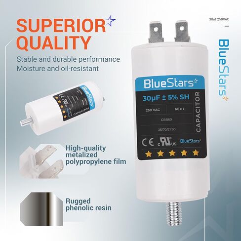 مكثف تشغيل BlueStars 16 فائق التوهج/MFD/Microfarad 250 VAC فولت CBB60 50 هرتز/60 هرتز مع برغي - مناسب تمامًا لبدء تشغيل محركات التيار المتردد التي تعمل بمحركات كهربائية ومضخات المياه تحل محل CON-16-250-P in Saudi Arabia