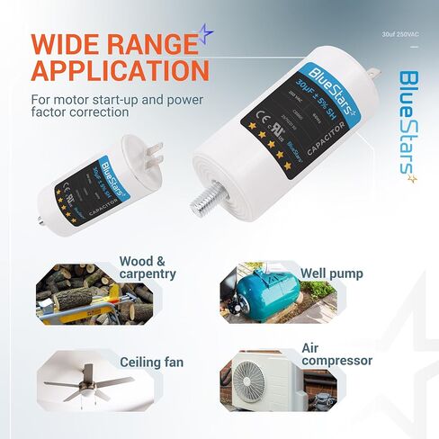 مكثف تشغيل BlueStars 16 فائق التوهج/MFD/Microfarad 250 VAC فولت CBB60 50 هرتز/60 هرتز مع برغي - مناسب تمامًا لبدء تشغيل محركات التيار المتردد التي تعمل بمحركات كهربائية ومضخات المياه تحل محل CON-16-250-P in Saudi Arabia