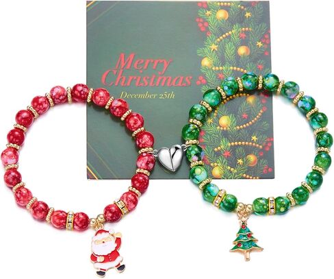 2Pcs Christmas Love Heart Matching Charm Bracelets for Couple Colorful Santa Claus Christmas Tree Snowflake Beaded Stretch Bracelets for Women Men Relationship Matching Jewelry Xmas Gifts in Saudi Arabia