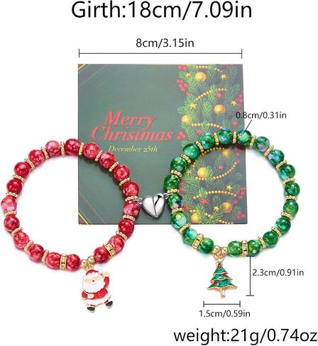 2Pcs Christmas Love Heart Matching Charm Bracelets for Couple Colorful Santa Claus Christmas Tree Snowflake Beaded Stretch Bracelets for Women Men Relationship Matching Jewelry Xmas Gifts in Saudi Arabia