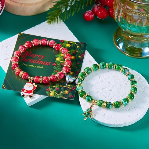 2Pcs Christmas Love Heart Matching Charm Bracelets for Couple Colorful Santa Claus Christmas Tree Snowflake Beaded Stretch Bracelets for Women Men Relationship Matching Jewelry Xmas Gifts in Saudi Arabia