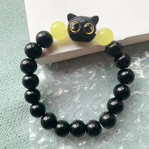 أساور مطرزة على شكل قطة سوداء لطيفة من Aimery، أساور من حجر السج الأسود الطبيعي للنساء والرجال مجوهرات سوار ساحرة in Kuwait