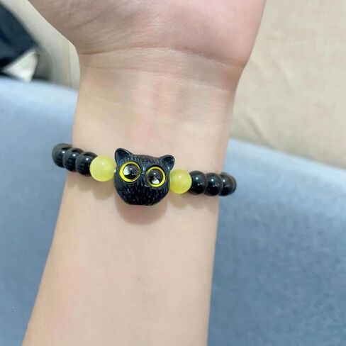 أساور مطرزة على شكل قطة سوداء لطيفة من Aimery، أساور من حجر السج الأسود الطبيعي للنساء والرجال مجوهرات سوار ساحرة in Kuwait