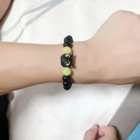 أساور مطرزة على شكل قطة سوداء لطيفة من Aimery، أساور من حجر السج الأسود الطبيعي للنساء والرجال مجوهرات سوار ساحرة in Kuwait