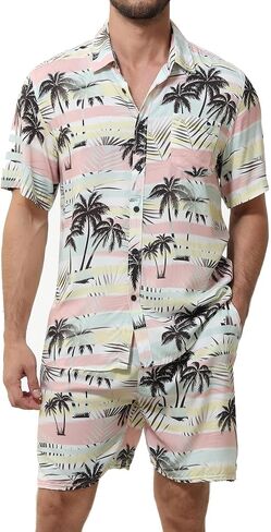 MCEDAR Men's Casual Button-Down Short Sleeve Hawaiian Shirt Suits Fit Beach Floral 2 Piece Vacation Outfits Sets in Saudi Arabia