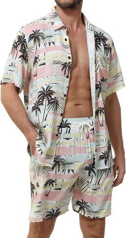 MCEDAR Men's Casual Button-Down Short Sleeve Hawaiian Shirt Suits Fit Beach Floral 2 Piece Vacation Outfits Sets in Saudi Arabia