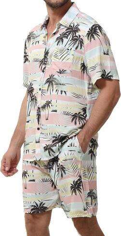 MCEDAR Men's Casual Button-Down Short Sleeve Hawaiian Shirt Suits Fit Beach Floral 2 Piece Vacation Outfits Sets in Saudi Arabia