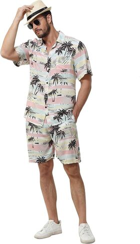 MCEDAR Men's Casual Button-Down Short Sleeve Hawaiian Shirt Suits Fit Beach Floral 2 Piece Vacation Outfits Sets in Saudi Arabia