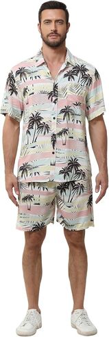 MCEDAR Men's Casual Button-Down Short Sleeve Hawaiian Shirt Suits Fit Beach Floral 2 Piece Vacation Outfits Sets in Saudi Arabia