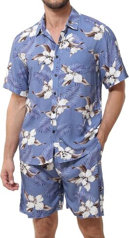 MCEDAR Men's Casual Button-Down Short Sleeve Hawaiian Shirt Suits Fit Beach Floral 2 Piece Vacation Outfits Sets in Saudi Arabia