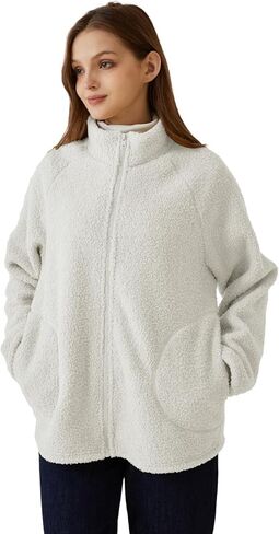 POWER UNICO FLOWER Womens Sherpa Fleece-lined Zip Up Coat Teddy Fleece Winter Jacket Stand Collar Cardigan with Pockets in Saudi Arabia