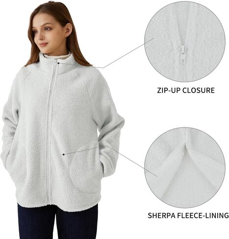 POWER UNICO FLOWER Womens Sherpa Fleece-lined Zip Up Coat Teddy Fleece Winter Jacket Stand Collar Cardigan with Pockets in Saudi Arabia