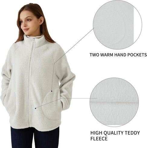 POWER UNICO FLOWER Womens Sherpa Fleece-lined Zip Up Coat Teddy Fleece Winter Jacket Stand Collar Cardigan with Pockets in Saudi Arabia