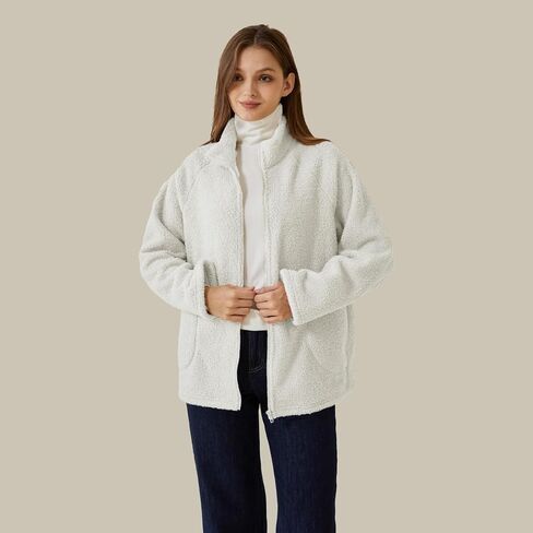 POWER UNICO FLOWER Womens Sherpa Fleece-lined Zip Up Coat Teddy Fleece Winter Jacket Stand Collar Cardigan with Pockets in Saudi Arabia