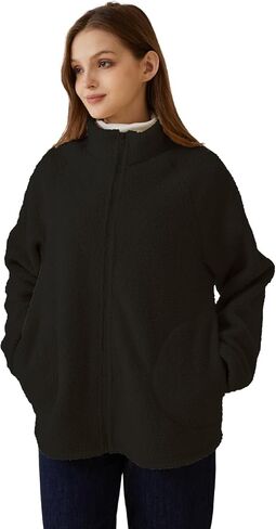POWER UNICO FLOWER Womens Sherpa Fleece-lined Zip Up Coat Teddy Fleece Winter Jacket Stand Collar Cardigan with Pockets in Saudi Arabia
