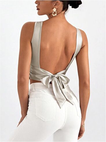 MakeMeChic Women's Party Crop Tops Satin Tie Back Ruched Boat Neck Sparkle Silk Tank Tops Shirts in Saudi Arabia