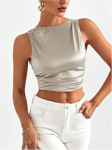 MakeMeChic Women's Party Crop Tops Satin Tie Back Ruched Boat Neck Sparkle Silk Tank Tops Shirts in Saudi Arabia