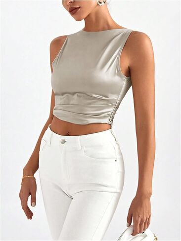 MakeMeChic Women's Party Crop Tops Satin Tie Back Ruched Boat Neck Sparkle Silk Tank Tops Shirts in Saudi Arabia