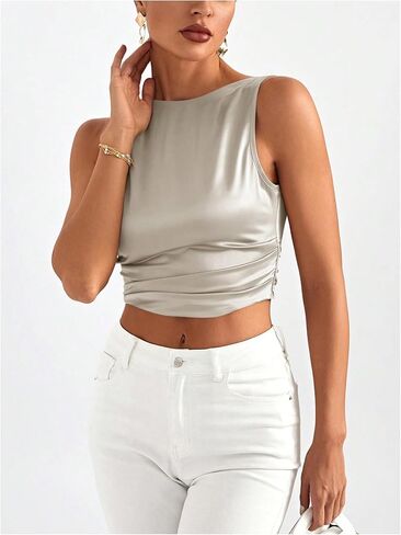 MakeMeChic Women's Party Crop Tops Satin Tie Back Ruched Boat Neck Sparkle Silk Tank Tops Shirts in Saudi Arabia
