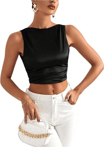 MakeMeChic Women's Party Crop Tops Satin Tie Back Ruched Boat Neck Sparkle Silk Tank Tops Shirts in Saudi Arabia