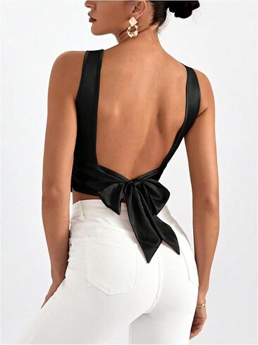 MakeMeChic Women's Party Crop Tops Satin Tie Back Ruched Boat Neck Sparkle Silk Tank Tops Shirts in Saudi Arabia