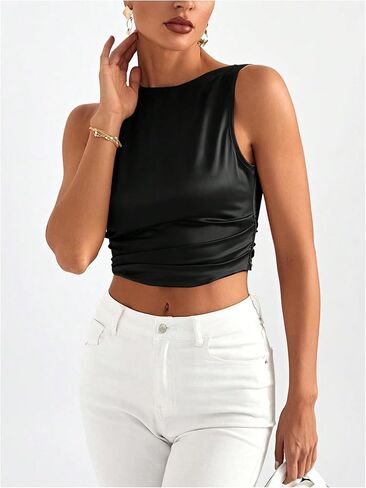 MakeMeChic Women's Party Crop Tops Satin Tie Back Ruched Boat Neck Sparkle Silk Tank Tops Shirts in Saudi Arabia