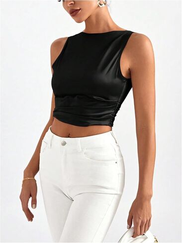 MakeMeChic Women's Party Crop Tops Satin Tie Back Ruched Boat Neck Sparkle Silk Tank Tops Shirts in Saudi Arabia