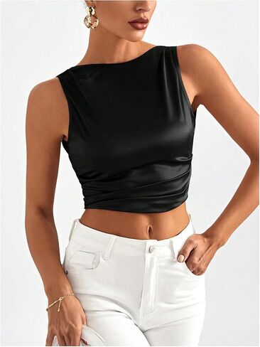 MakeMeChic Women's Party Crop Tops Satin Tie Back Ruched Boat Neck Sparkle Silk Tank Tops Shirts in Saudi Arabia