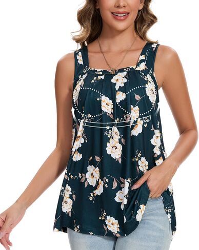 ANYFITTING Tank Top with Built in Bras Women Padded Flowy Loose Camisole Shirt Square Neck Sewn in Medium Support Wide Strap in Saudi Arabia